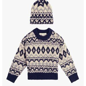 Favorite Daughter Girl's Sweater Hat Set  Fair Isle Blue Grey Medium Size 6/7 NE
